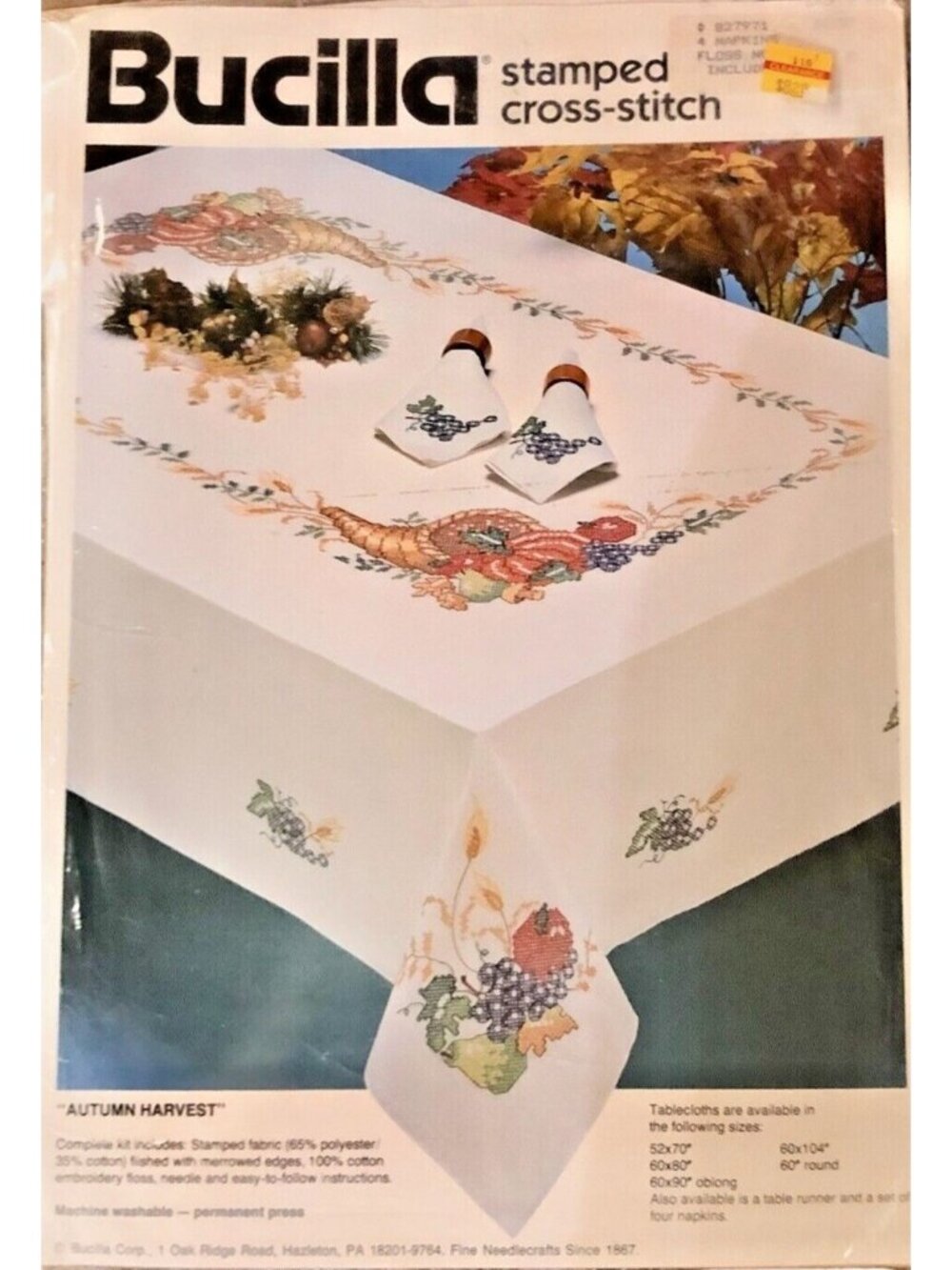 Vintage Bucilla Stamped Cross Stitch Napkins Autumn Harvest NEW 827971 Set of 4